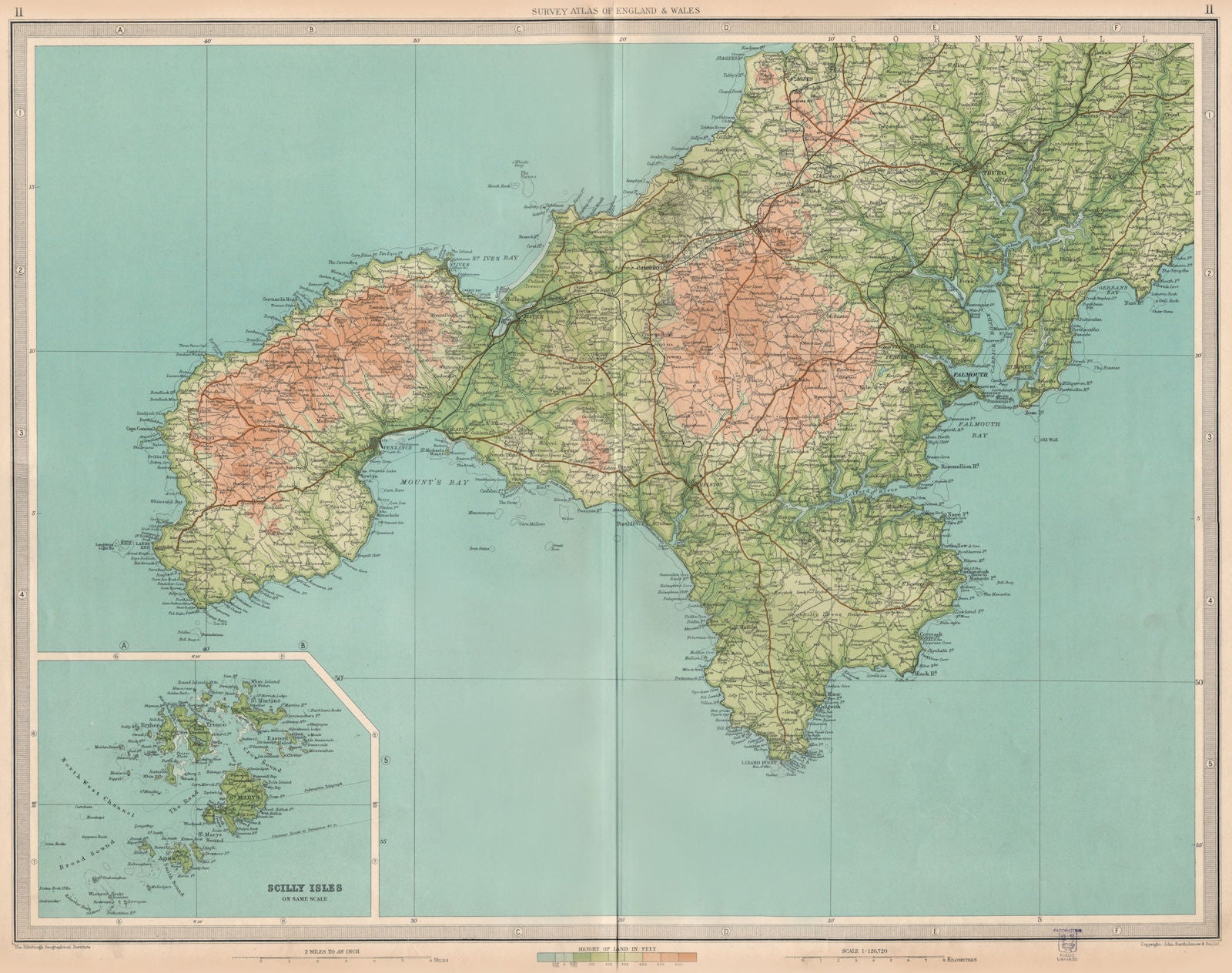 CORNWALL. Land's End Falmouth Scilly Isles Truro St Ives Redruth.LARGE 1939 map